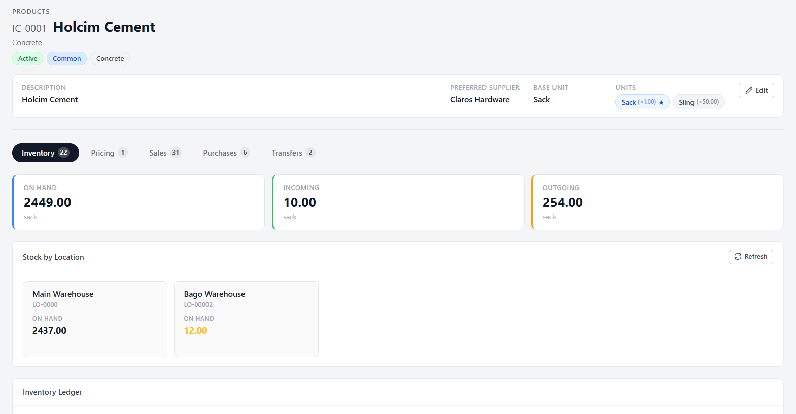 Product inventory view